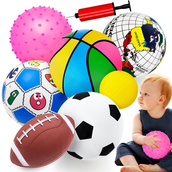 Ladwon Balls Toys for Toddlers 1-3, Toddler Outdoor Toys, Set of 7 Boys Girls Indoor Outdoor Sports Balls Toys, Baby Soccer Ball Basketball Tennis Ball Rugby Ball with Bag