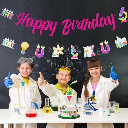 JOYMEMO Science Happy Birthday Banner with Garland - Girls Science Birthday Party Decorations, Science Themed Birthday Chemistry Party Supplies