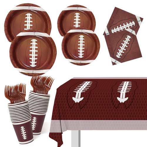 Football party decorations - 121PCS Football Party Supplies Kit for 24 Guests, Includes 7" Plates, 9" Plates, Napkins, Cups, Forks & Tablecloth for Football Birthday Party Tailgate Party Decorations