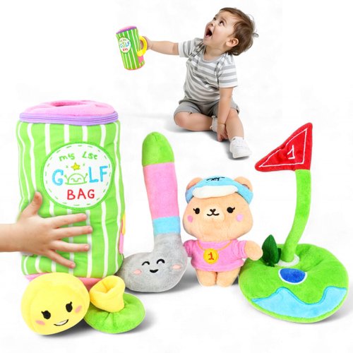 Skywin-My First Golf Bag, Baby Golf Toy, 6 ct Developmental and Sensory Baby Golf Set Inc Plush Golf Club, Ball, Mug, Goal, Teddy Bear and Bracket