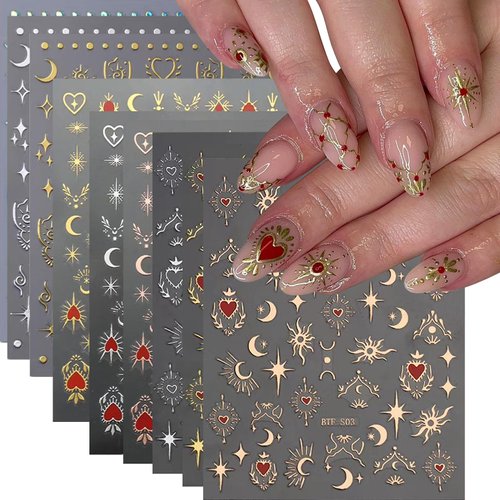 VOTACOS 9 Sheets Nail Art Stickers Decals Gold Silver Moon Star Heart Nail Decals 3D Self Adhesive Nail Supplies Laser Embossed Design Nail Accessories for Women Acrylic Nail Decorations