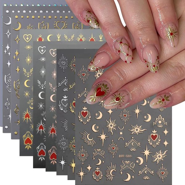 VOTACOS 9 Sheets Nail Art Stickers Decals Gold Silver Moon Star Heart Nail Decals 3D Self Adhesive Nail Supplies Laser Embossed Design Nail Accessories for Women Acrylic Nail Decorations