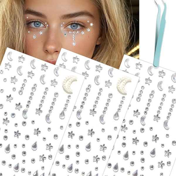 NOOEPC Face Gems Hair Gems, Self Adhesive Face Jewels Festival Accessories Star Moon Drop Rhinestones for Halloween Makeup, Rhinestone Stickers for Face, Eye, Makeup