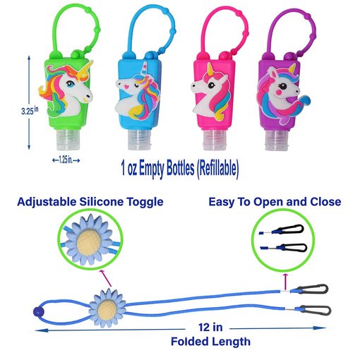 KINIA 8 PACK 4 Unicorn Empty Hand Sanitizer Refillable Containers Holder, 4-1 fl oz Flip Cap Empty Bottles, 4 Pack Lanyards (4+4-Variety Pack UNICORN)