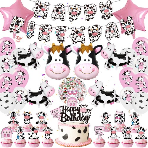 Cow Birthday Party Decorations - Cow Print Party Decorations Cow Print Balloon Cow Foil Balloons Cow Print Banners Cake Toppers Stickers for Cowgirl Baby Shower Farm Animal Cow Themed Party Decor