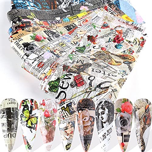 CHANGAR 10 Sheets Nail Foil Sticker Newspaper Magazine Style Foil Transfer Nail Decals Nail Foil Adhesive Stickers Starry Sky Manicure Transfer Tips Nail Art DIY Decoration