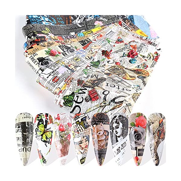 CHANGAR 10 Sheets Nail Foil Sticker Newspaper Magazine Style Foil Transfer Nail Decals Nail Foil Adhesive Stickers Starry Sky Manicure Transfer Tips Nail Art DIY Decoration
