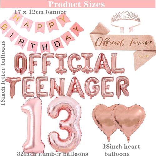 13th Birthday Party Decorations OFFICIAL TEENAGER Party Balloons 13th Birthday Tiara Official Teenager Sash Happy Birthday Banner for 13 Year Old Girls Birthday Party Favor Supplies (rose gold)