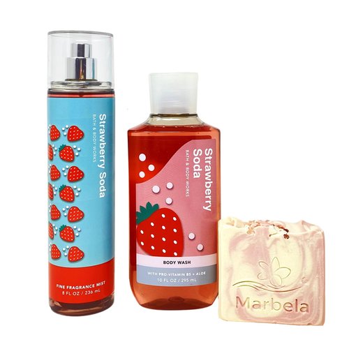 Bath & Body Works Strawberry Soda Body Wash and Fragrance Mist Bundle with a Himalayan Salts Springs Bar Soap - Full Size