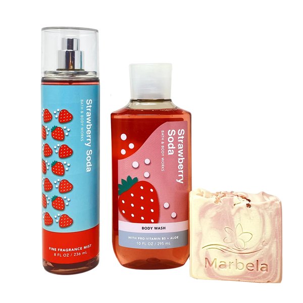 Bath & Body Works Strawberry Soda Body Wash and Fragrance Mist Bundle with a Himalayan Salts Springs Bar Soap - Full Size