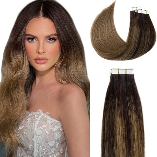 Loxxy Hair Extensions Tape in Real Human Hair Balayage Darkest Brown Fading to Chestnut Brown Color 100% Real Remy Natural Human Hair Extensions Tape in Long Straight Double Sided 20pcs 50g 22Inch