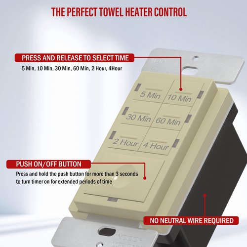 ENERLITES Countdown Timer Switch, Fan Switch Timer, Wall Light Timer Switch, Bathroom Timer Switch, 5 min – 4 hours, Night Light LED Indicator, Neutral Wire Required, UL Listed, HET06-I, Ivory