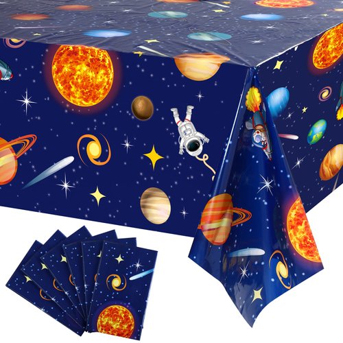 Space Tablecloth Decorations, Plastic Solar System Table Cover Planet Design for Kids Space Theme Birthday Party Decorations and Supplies, 54 x 108 Inch (6 Pieces)