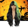 meiliprotea Half Black Half Green Wig with Bangs Long Wavy Costume Wig 26 Inches Green Highlight Curly Wavy Synthetic Wigs for Women Halloween Cosplay Party Show (Black and Green)