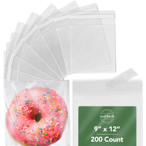 Seal Fresh Cellophane Bags – 9" x 12" (200 Count) – Clear Plastic Resealable Self Sealing Cellophane Bag – Cellophane Treat Bags, Cookie Bags for Packaging, Candy Bags, Cello Bags, Pastry Bags