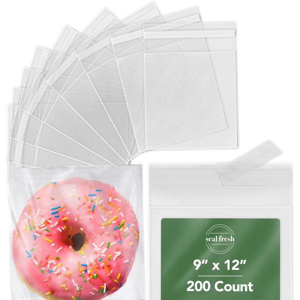 Seal Fresh Cellophane Bags – 9" x 12" (200 Count) – Clear Plastic Resealable Self Sealing Cellophane Bag – Cellophane Treat Bags, Cookie Bags for Packaging, Candy Bags, Cello Bags, Pastry Bags