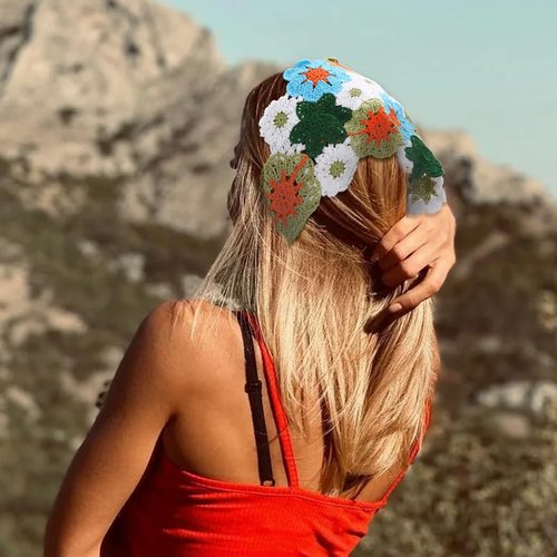 Urieo 2 Pcs Crochet Head Scarf Hair Bandanas Knitted Hair Scarf Colorful Floral Bandana Headbands Tie Head Kerchief Party Daily for Women and Girls