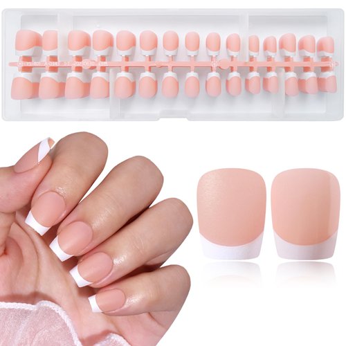 LuckForever 240pc French Gel X Nail Tips XS Short Coffin Fake Nails French Tips Press on Gel Nails Nude Coffin Nail Tips Full Cover Short Soft Gel False Nail with Glue for Acrylic Nail Extensions