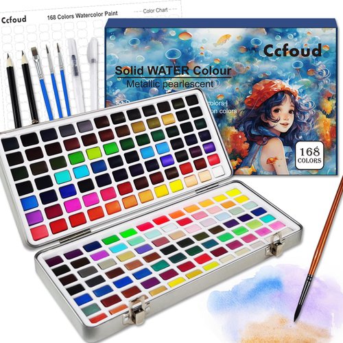 Ccfoud Watercolor Paint Set, 168 High Pigment Watercolor Painting Palettes with with metallic colors,fluorescen colors,macaron colors, for Artists,Painting Art Supplies for Adults
