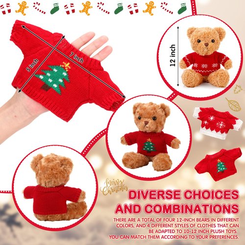 Glimin 4 Pcs Christmas Bear Stuffed Animals with Doll Clothes 12 Inch Cute Plush Bear with Removable Sweater Hoodie Xmas Doll Accessories for Plush Bear Dolls DIY Change Clothes (Bright Style)