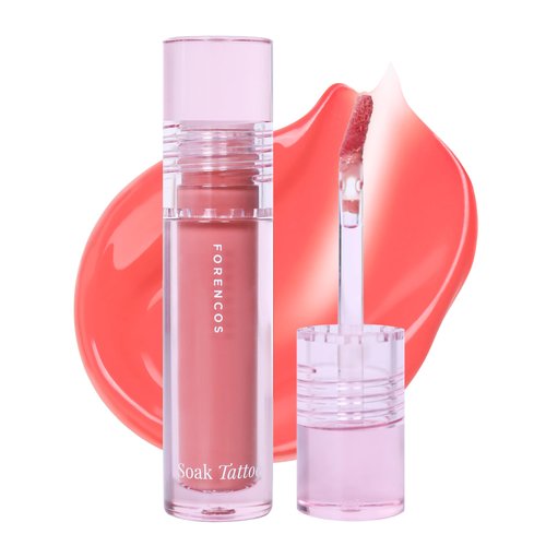 FORENCOS Soak Vegan Lip Tint/Stain, Water Gel Formula, Weightless & Non-sticky Finish, Vivid Color, Smudge-proof, Cruelty-Free, Korean Makeup, Waterproof, 0.11 oz (01 Elodie)