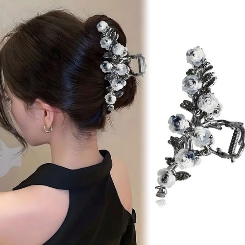 Muumoo Light Blue Elegant Flower Hair Clip, 1 piece, 4.3Inch, Gunmetal, for Thick Thin Hair, Women Girls, Premium Ink Style Floral Claw Clip, Y2K Style Hair Accessory