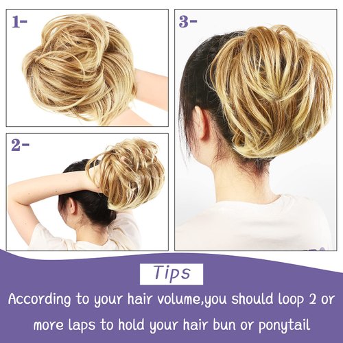 WILLBOND 4 Pcs Messy Hair Bun Hairpiece Tousled Updo for Women Hair Extensions Straight Short Ponytail Elastic Scrunchies Curly Hair Accessories (Honey Blonde mix Bleach Blonde/27T613, Basic Style)
