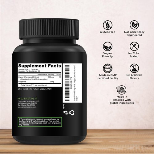 HUMANX Artemisinin 505mg with Bioperine for Greater Absorption - Supports Healthy Aging, Digestion, and Immunity - USA Third Party Tested - Vegan, Non-GMO - Artemisia Annua - Sweet Wormwood Extract