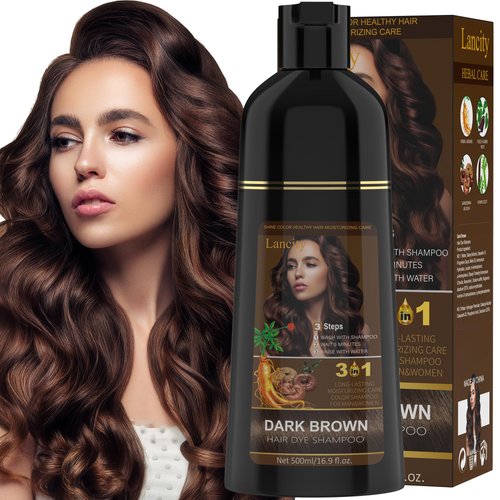 Dark Brown Lancity Hair Dye Shampoo 3-In-1 Hair Color Shampoo Instant Coloring Gray Hair Coverage...