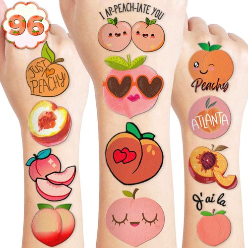 96PCS Fruit Peach Temporary Tattoos Stickers Themed First Birthday Party Decorations Favors Supplies Decor Cute Pink Cartoon Just Peachy Tattoo Sticker Gifts For Kids Boys Girls School Prizes Carnival