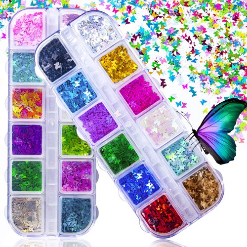 JOYJULY 3D Holographic Butterfly Nail Glitter 24 Color/Set Butterfly Nail Glitter Sequins Laser Butterfly Nail Sequin Acrylic Paillettes for Nail Art Decoration & DIY Crafting