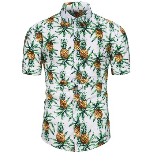TUNEVUSE Mens Pineapple Print Short Sleeve Shirt Casual Button Down Tropical Fruit Hawaiian Shirt White Small