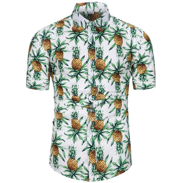 TUNEVUSE Mens Pineapple Print Short Sleeve Shirt Casual Button Down Tropical Fruit Hawaiian Shirt White Small