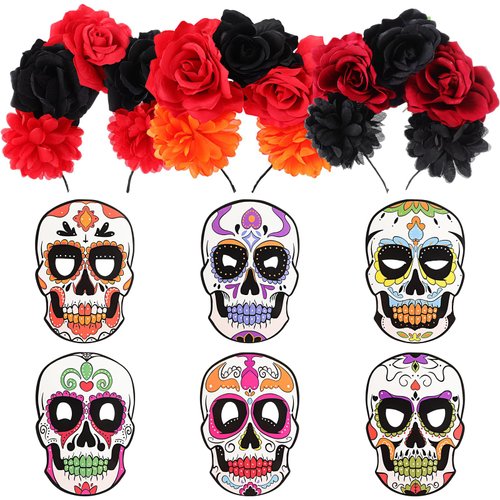 Hoteam 3 Pcs Day of the Dead Headbands and 6 Pcs Sugar Paper Mask Skull, Dia De Los Muertos Decor...