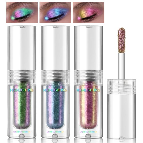 HOSAILY 3 Colors Liquid Chameleon Glitter Eyeshadow, Metallic Multi-Dimensional Holographic Eyeshadow Makeup, Long Lasting Quick Dry Eye Looks, Sparkling High Pigmented Eye Makeup Set, 04+05+06