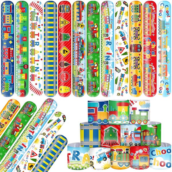 48 PCS Train Slap Bracelets Party Favors Train Wristbands Bracelets Goodie Bag Fillers for Train Birthday Decorations Supplies for Class Reward Prizes Gift for Kids Party Favors Birthday Gifts