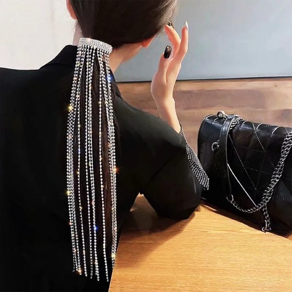 Shiny Rhinestone Hairpins Long Chain Tassel Hairwear for Women Girls Long Tassel Crystal Hair Ponytail Holder Accessories for Wedding and Party (Silver)