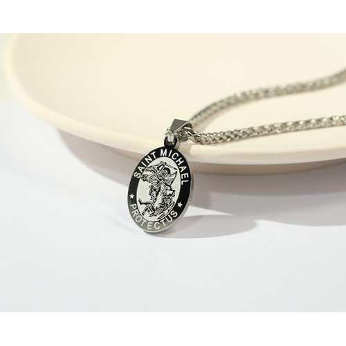 RS St. Saint Michael Pendant Necklace for Men Boys Oval Stainless Steel Patron Medal Chain Silver First Communion Confirmation Regious