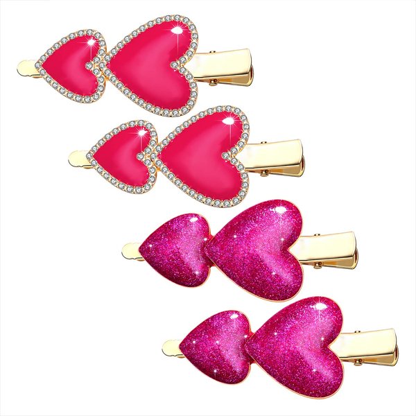 Valentine’s Day Heart Hair Clips Glitter Rhinestone Lovely Heart Hairpin Sparkly Enamel Double Heart Alligator Barrette for Woman Girl Headwear Accessories Valentine's Gift