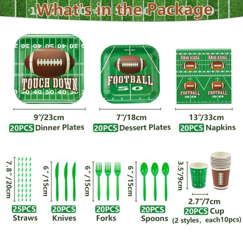 Football Theme Party Supplies - Includes Football Banner, Plates, Napkins, Cup, Tablecloth, Knives, Fork, Spoon and Straws for Boys Sports Theme Birthday Decorations, Serves 20 Guests