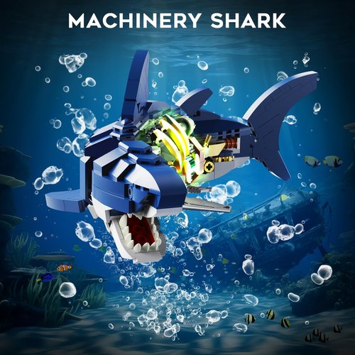 INSOON Mechanical Shark Building Set with LED Light, 687 PCS Movable Ocean Animal with Display Stand, Sea Fish Building Block Toy, Home Decor Gift for Adults Teens Kids Boys Ages 12+