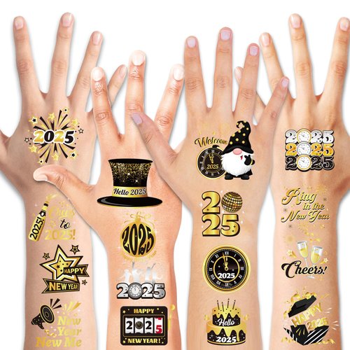 HOWAF 72pcs New Years Temporary Tattoos, 2025 NYE Party Favors Tattoos Stickers,New Year Face Tattoos for Happy New Year Eve Party Decorations,New Years Firework Temporary Tattoos, Black Gold Silver