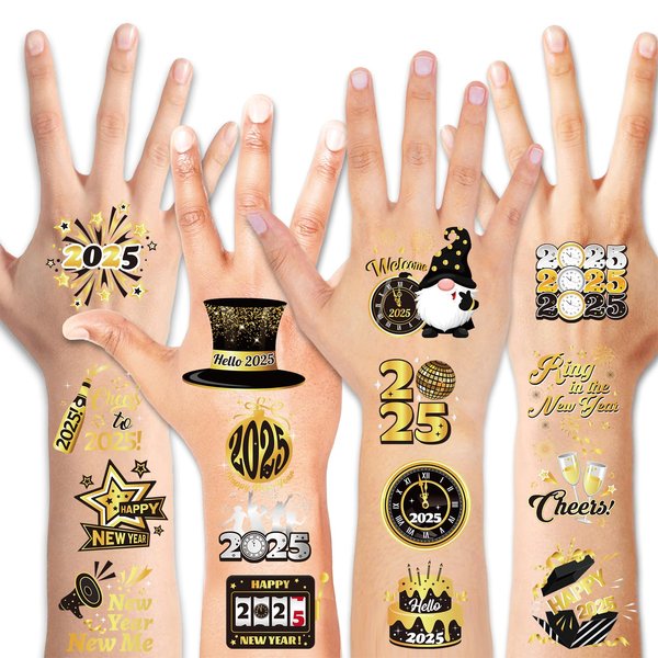 HOWAF 72pcs New Years Temporary Tattoos, 2025 NYE Party Favors Tattoos Stickers,New Year Face Tattoos for Happy New Year Eve Party Decorations,New Years Firework Temporary Tattoos, Black Gold Silver