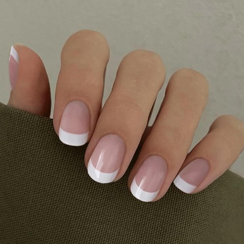Press on Short Square Acrylic Fake Nails with Apricot Design Full Cover False Glossy Nude Glue on Artificial Stick on Nails for Women 24Pcs (French Natural)