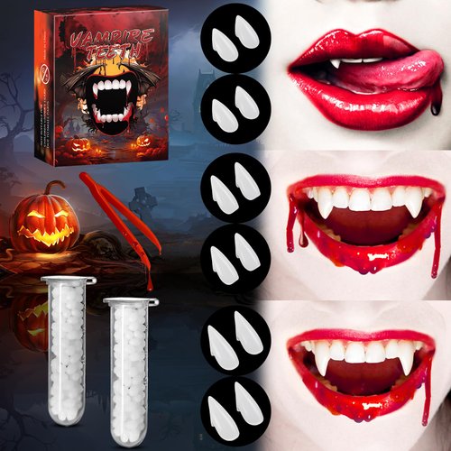 TLPUHU Vampire Teeth Fangs - 6 Pairs 3 Sizes Kids Vampire Fangs Halloween Accessories Party Cosplay Props Party Decor Sharp Fake Teeth with Glue for Vampire Accessories Kids Men Women Gift