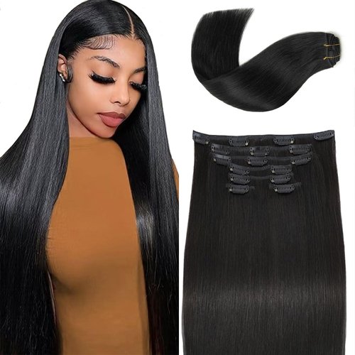 Clip in Hair Extensions Real Human Hair, 100% Brazilian Virgin Real Human Hair 7pcs Per Set with 16Clips Double Weft for Women (20 Inch, 120g, 1B Natural Black)