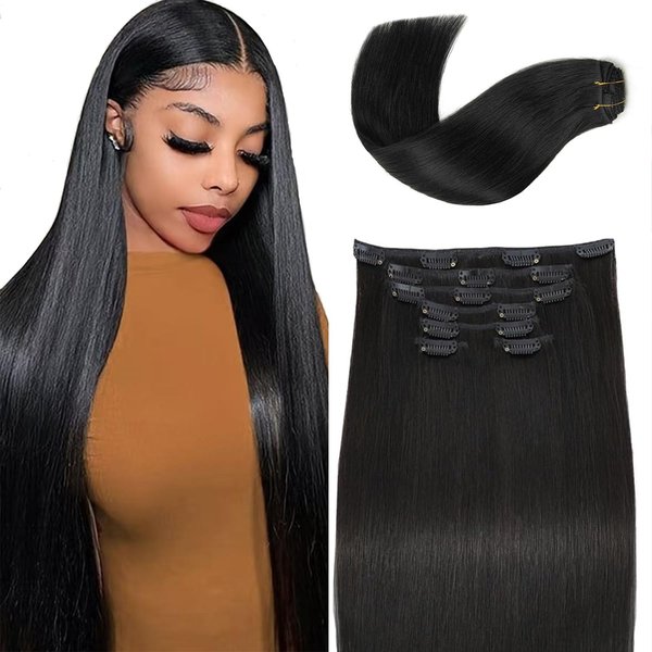 Clip in Hair Extensions Real Human Hair, 100% Brazilian Virgin Real Human Hair 7pcs Per Set with 16Clips Double Weft for Women (20 Inch, 120g, 1B Natural Black)