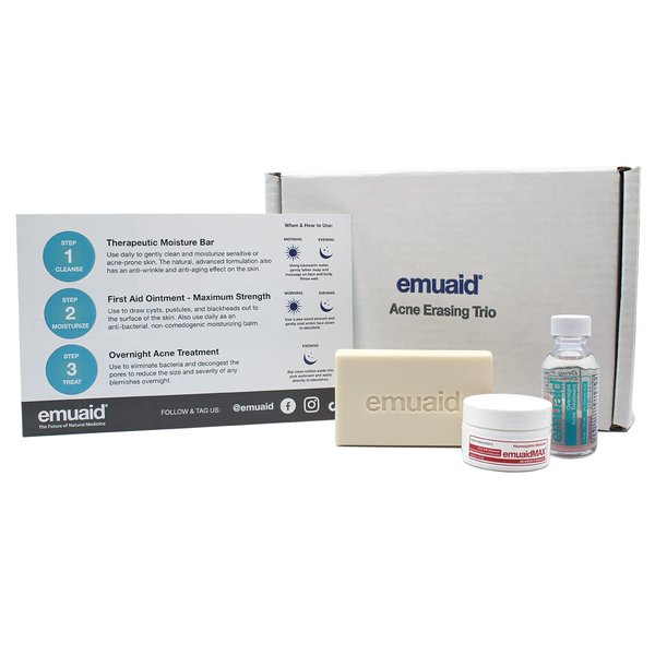 EMUAID Acne Erasing Trio - EMUAID Therapeutic Moisture Bar, EMUAID Overnight Acne Treatment, EMUAIDMAX First Aid Ointment, Calms Cystic Acne, Reduces Acne Scars, Spots, and Blackheads Overnight