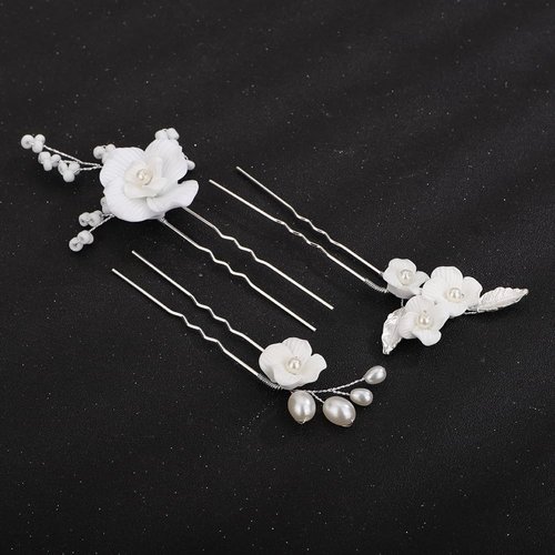 Teyglen 3pcs Wedding Hair Pins Bridal Flower Hair Pins Floral Flower Leaf Hair Pieces for Bride Pearl Hair Clips Dainty Headpiece Hair Accessories for Women Flower Girls (Silver)
