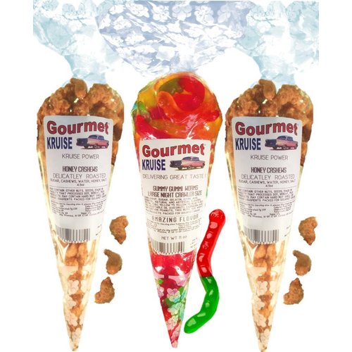 Cashews (2) Honey Salted Roasted Delicately (1) Worms Wild Fruit Assorted (NET WT 20 OZ) Gourmet Kruise Signature Gift Bags